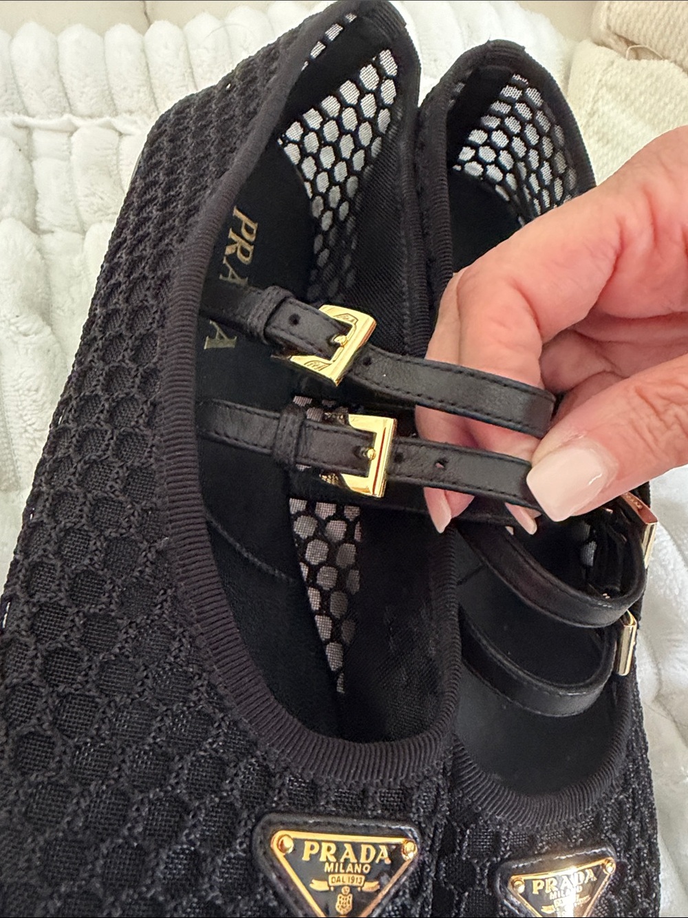 Prada Black Mesh Double-Strap Mary Jane Flats with Gold Logo - Picture 5 of 9